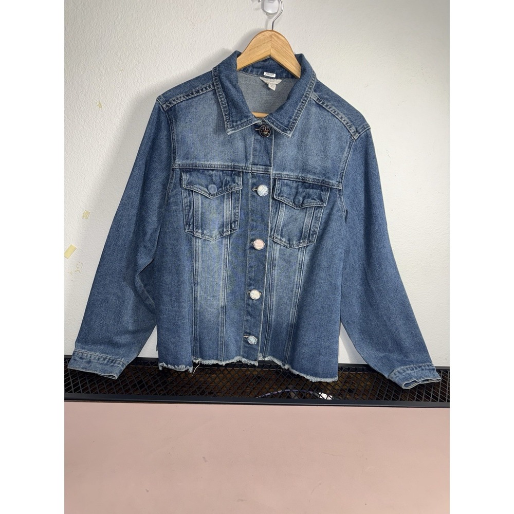 Women Cropped Denim/ Jean Jacket Blue Size 18/20W Missing‎ Button Snap Beautiful